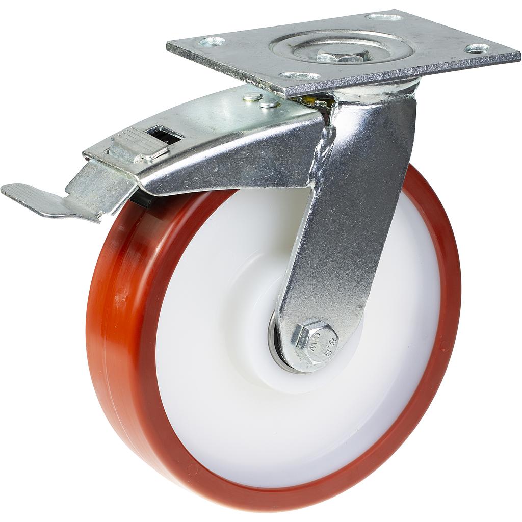500 series 200mm swivel/brake top plate 140x110mm castor with polyurethane on nylon centre ball bearing wheel 500kg