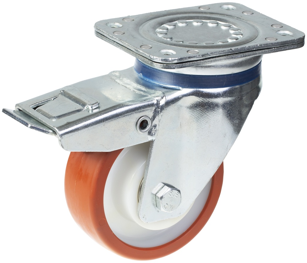800 series 125mm swivel/brake top plate 135x110mm castor with polyurethane on nylon centre ball bearing wheel 500kg