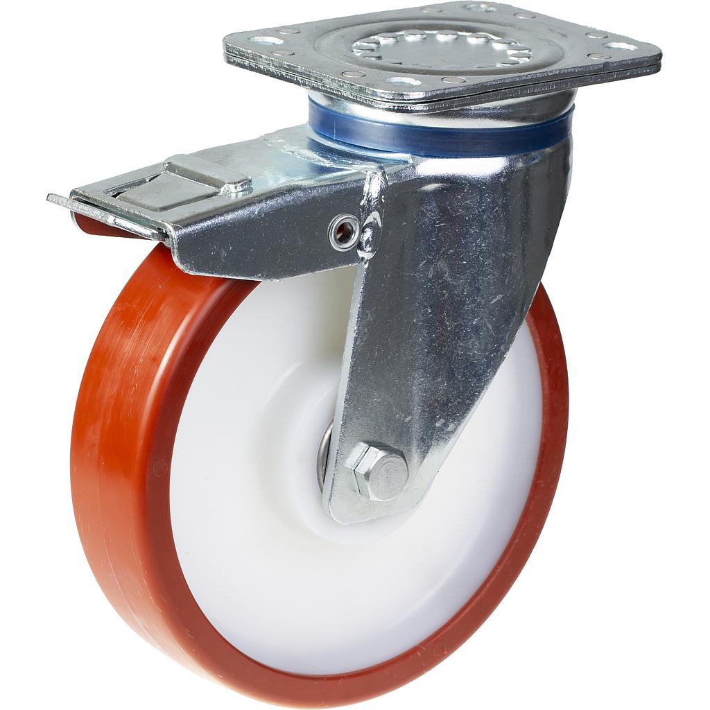 800 series 200mm swivel/brake top plate 135x110mm castor with polyurethane on nylon centre ball bearing wheel 750kg
