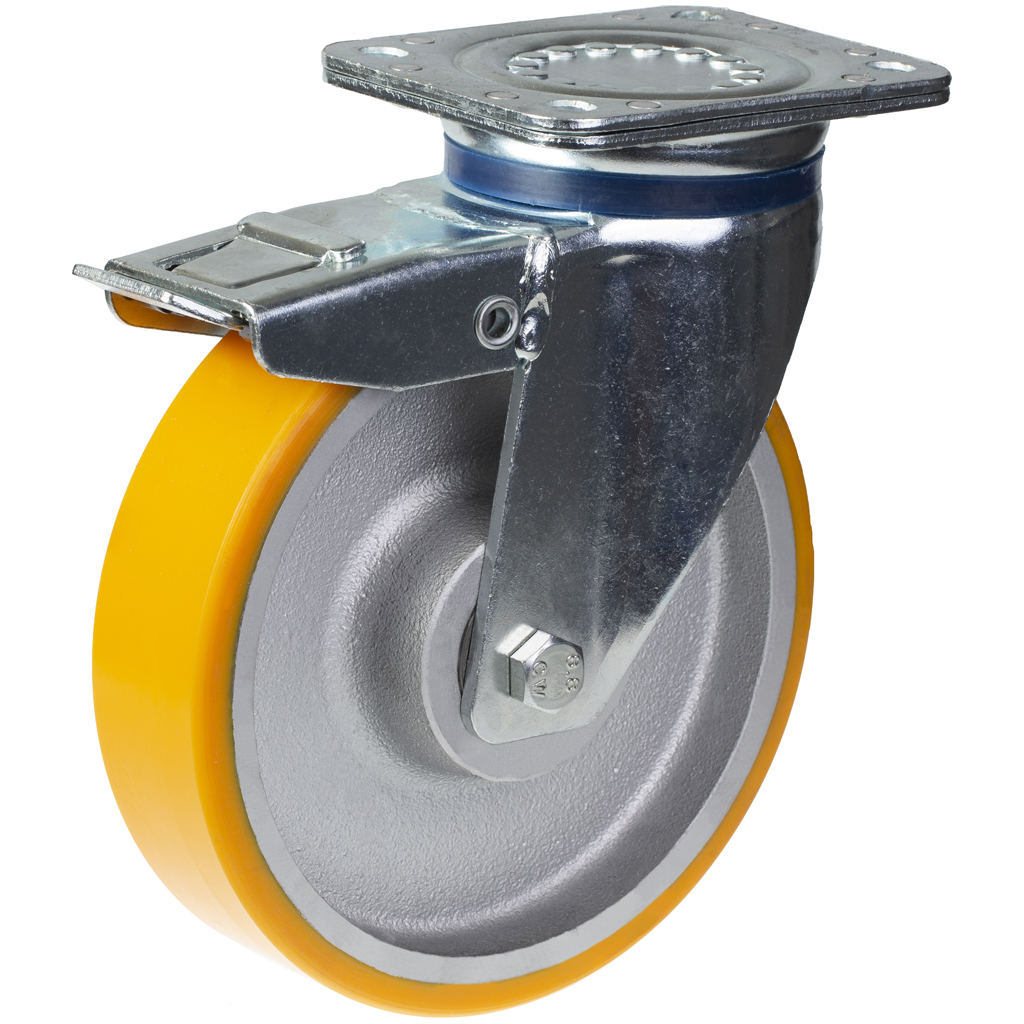 800 series 125mm swivel/brake top plate 135x110mm castor with polyurethane on cast iron centre ball bearing wheel 500kg