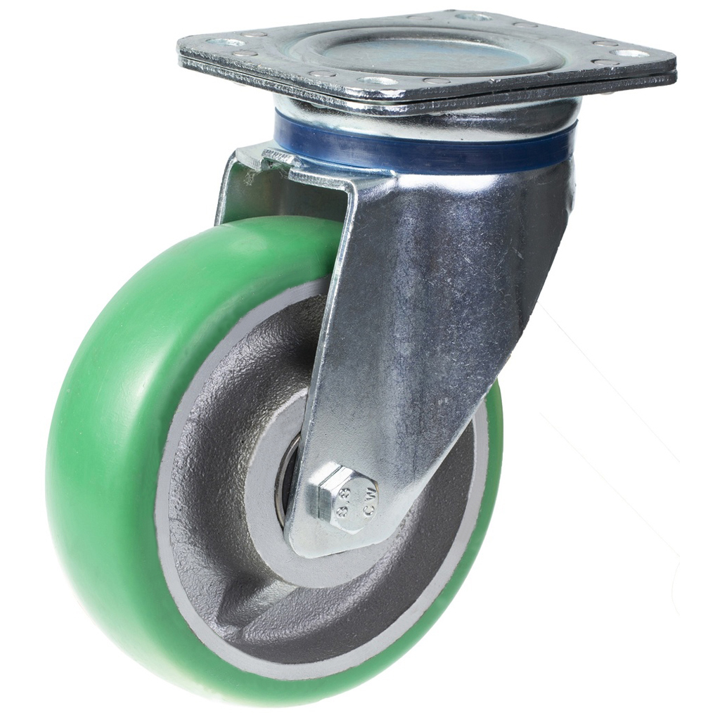 800 series 160mm swivel top plate 135x110mm castor with green convex elastic polyurethane on cast iron centre ball bearing wheel 550kg