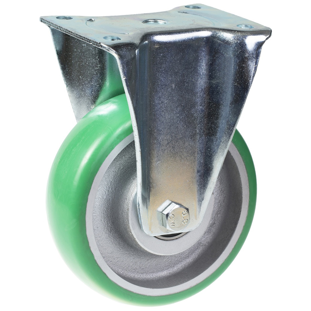 800 series 160mm fixed top plate 135x114mm castor with green convex elastic polyurethane on cast iron centre ball bearing wheel 550kg