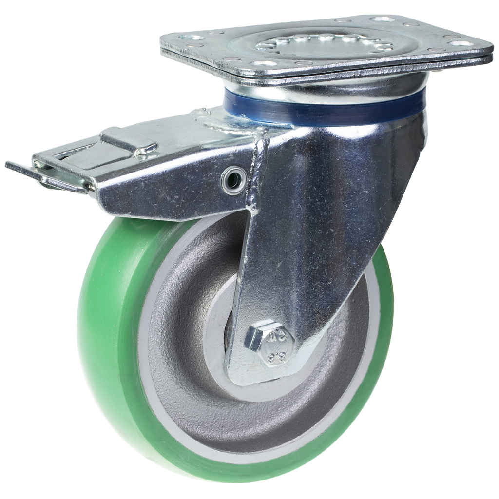 800 series 160mm swivel/brake top plate 135x110mm castor with green convex elastic polyurethane on cast iron centre ball bearing wheel 550kg