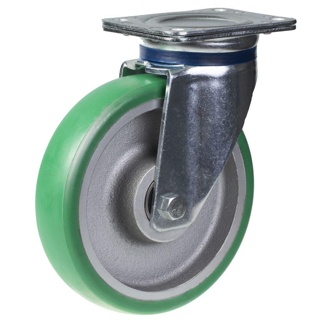 800 series 200mm swivel top plate 135x110mm castor with green convex elastic polyurethane on cast iron centre ball bearing wheel 700kg