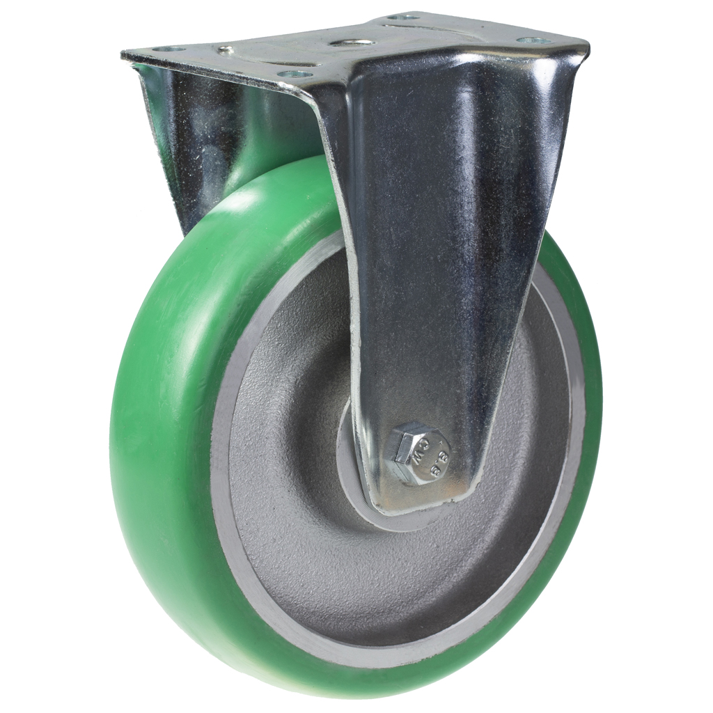 800 series 200mm fixed top plate 135x114mm castor with green convex elastic polyurethane on cast iron centre ball bearing wheel 700kg