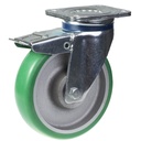 800 series 200mm swivel/brake top plate 135x110mm castor with green convex elastic polyurethane on cast iron centre ball bearing wheel 700kg