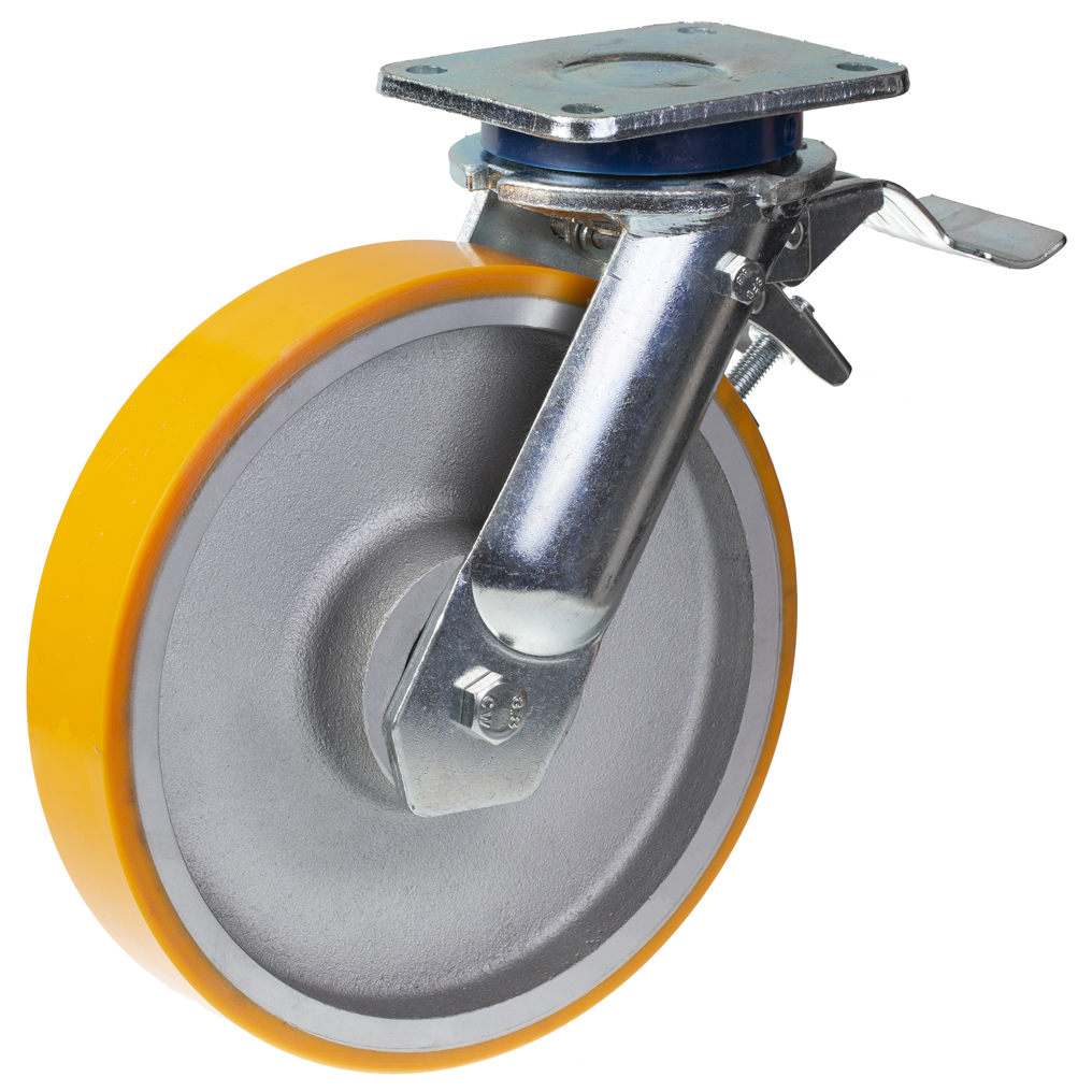 1500 series 250mm swivel/brake top plate 135x110mm castor with polyurethane on cast iron centre ball bearing wheel 1300kg