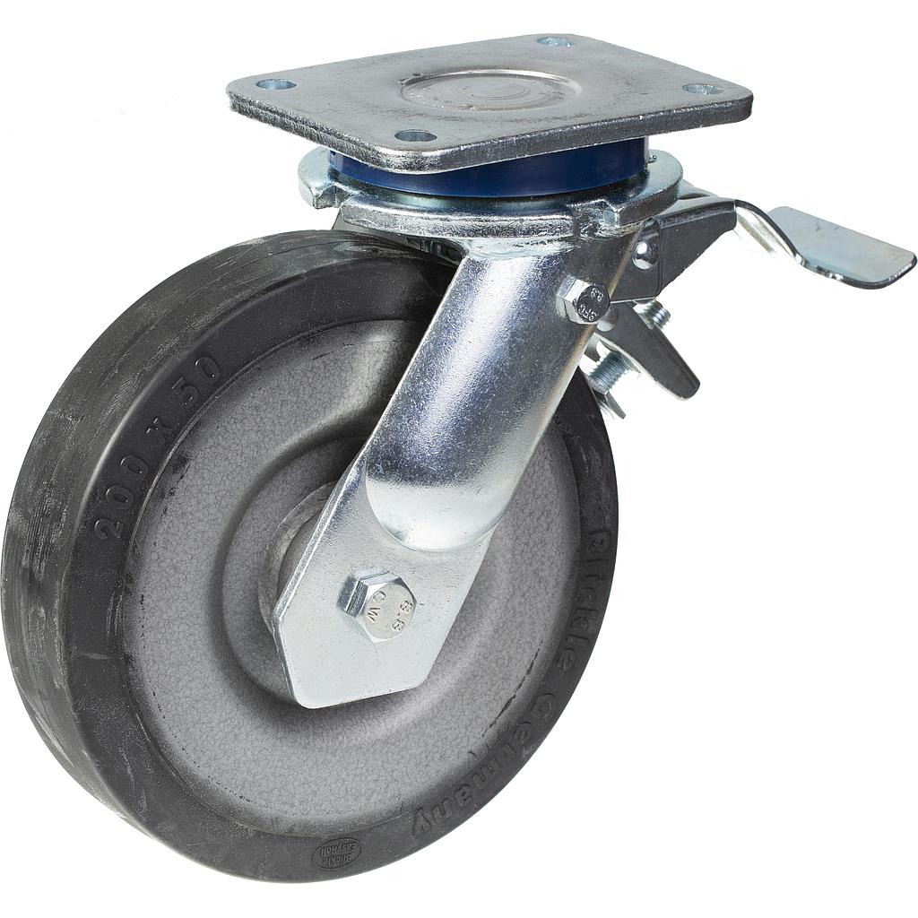 1500 series 200mm swivel/brake top plate 135x110mm castor with black elastic rubber on welded steel centre ball bearing wheel 600kg