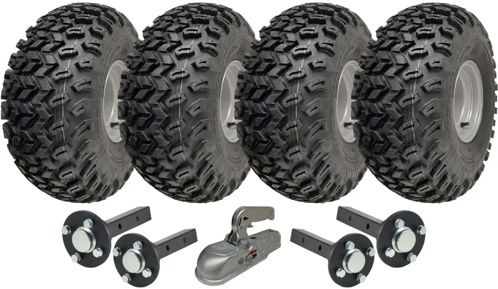 Set of 4 - 22x11.00-8 4ply P334 UTILITY on 4/100 RIM & Hub & Stub axle 4/100 M12stud 40x40 High speed (waterproof) with a SPP 3000kg cast coupling