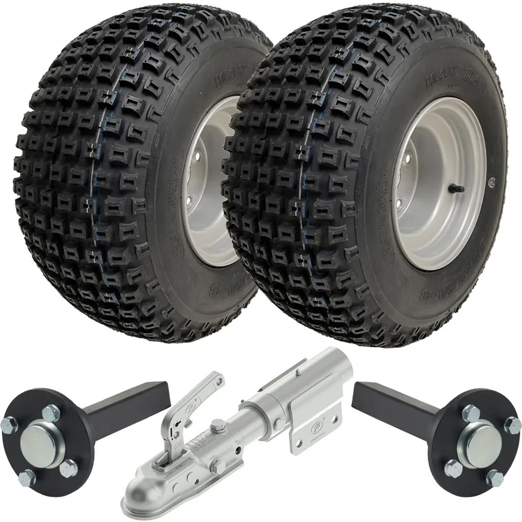 Set of 2 - 18x9.50-8 4ply P322 KNOBBY WHEEL 4/100 & Hub & Stub axle 4/100 M12 wheel bolt  35x35mm Hi speed with a SPP Swivel hitch 1700kg (off-road use)