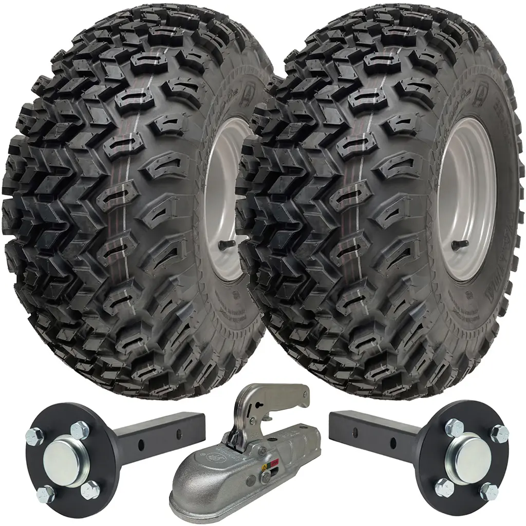 Set of 2 - 22x11.00-8 4ply P334 UTILITY on 4/100 RIM & Hub & Stub axle 4/100 M12stud  40x40 High speed (waterproof) with a SPP 3000kg cast coupling