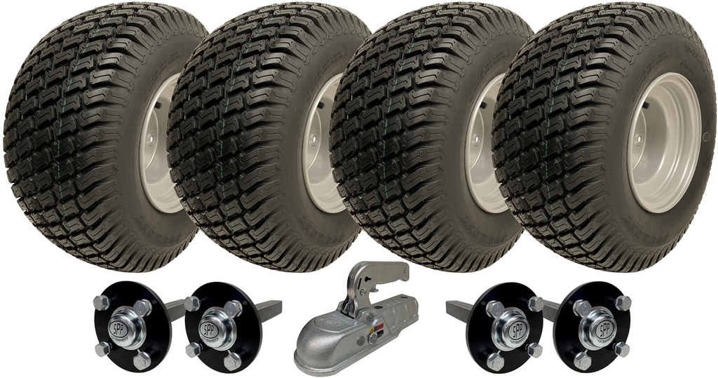 Set of 4 - 18x8.50-8 4ply Wanda P332 on 4/100 & Hub & Stub axle 4/100 M12 wheel bolt 35x35mm Hi speed with a SPP 3000kg cast coupling