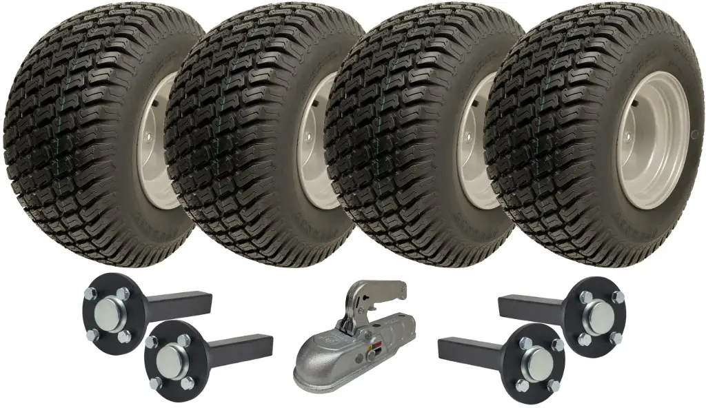 Set of 4 - 18x8.50-8 4ply Wanda P332 on 4/100 & Hub & Stub axle 4/100 M12 wheel bolt 35x35mm Hi speed with a SPP 3000kg cast coupling
