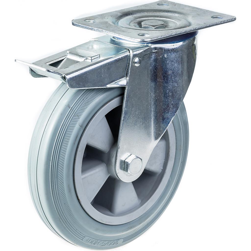 300 series 200mm swivel/brake top plate 140x110mm castor with grey rubber on polypropylene centre plain bearing wheel 200kg