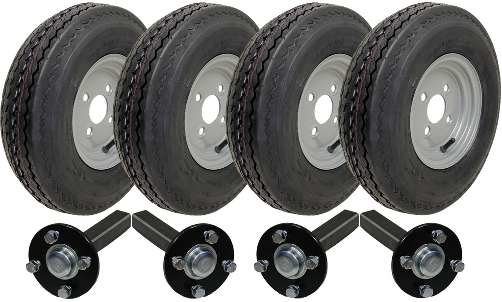 Set of 4 - 4.00-8 6ply P811 Trailer Wheel 4/100mm & Hubs & Stubs Axle 4/100 M12 wheel bolts 35x35mm Hi speed