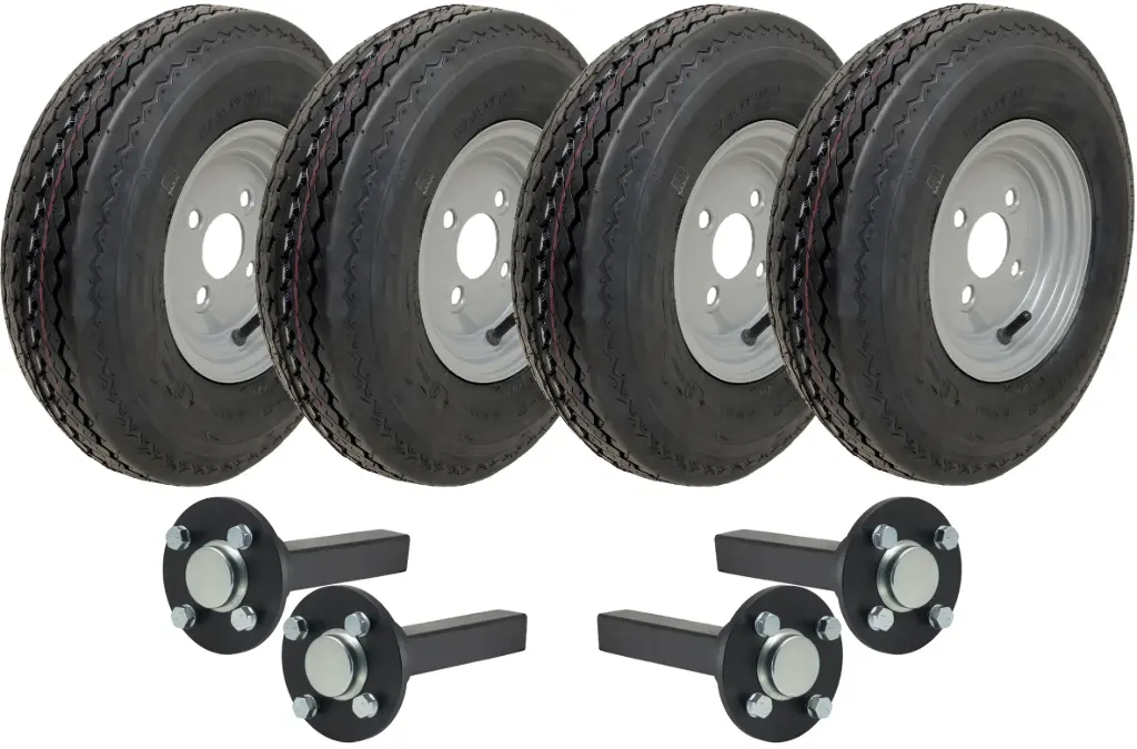 Set of 4 - 4.00-8 6ply P811 Trailer Wheel 4/100mm & Hubs & Stubs Axle 4/100 M12 wheel bolts 35x35mm Hi speed