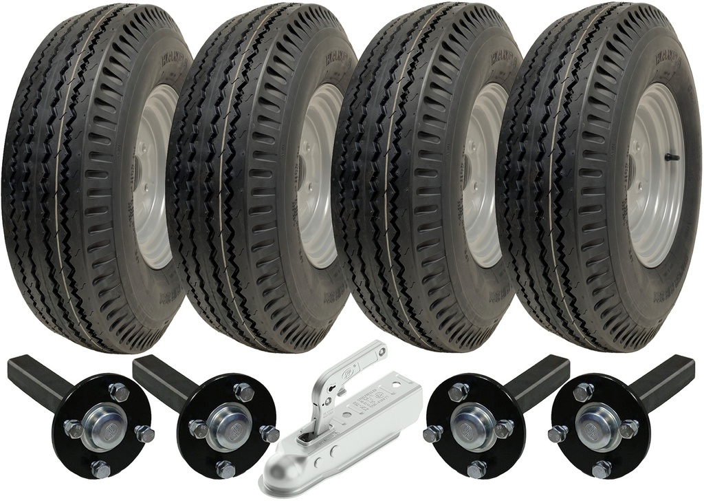 Set of 2 - 5.00-10 4ply WANDA P802 TRAILER WHEEL 4/100 & Hub & Stub axle 4/100 M12 wheel bolt  35x35mm Hi speed SPP 750kg Pressed hitch