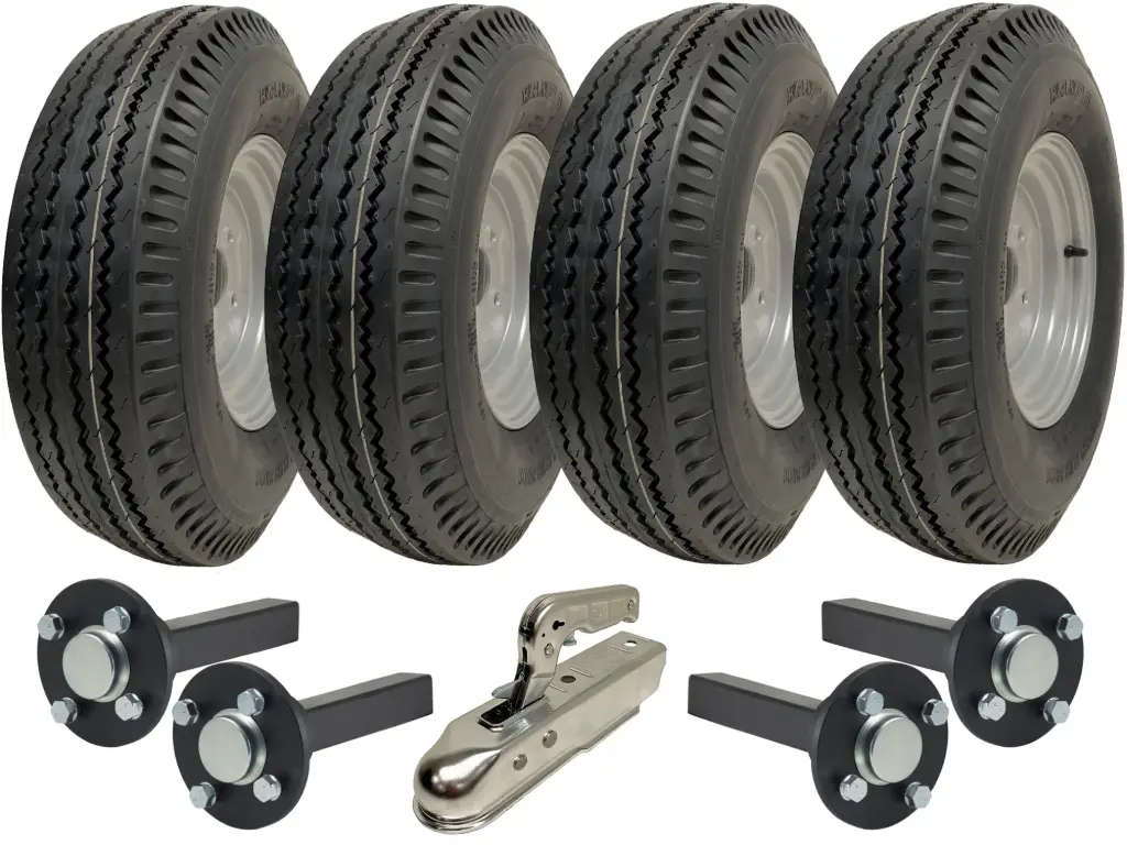 Set of 2 - 5.00-10 4ply WANDA P802 TRAILER WHEEL 4/100 &amp; Hub &amp; Stub axle 4/100 M12 wheel bolt  35x35mm High speed SPP 750kg Pressed hitch