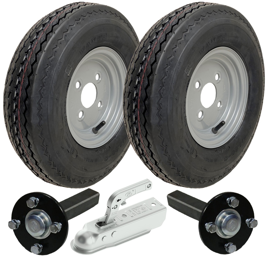 Set of 2 - 4.00-8 6ply P811 Trailer Wheel 4/100mm & Hub & Stub axle 4/100 M12 wheel bolt  35x35mm Hi speed & SPP 750kg Pressed Hitch