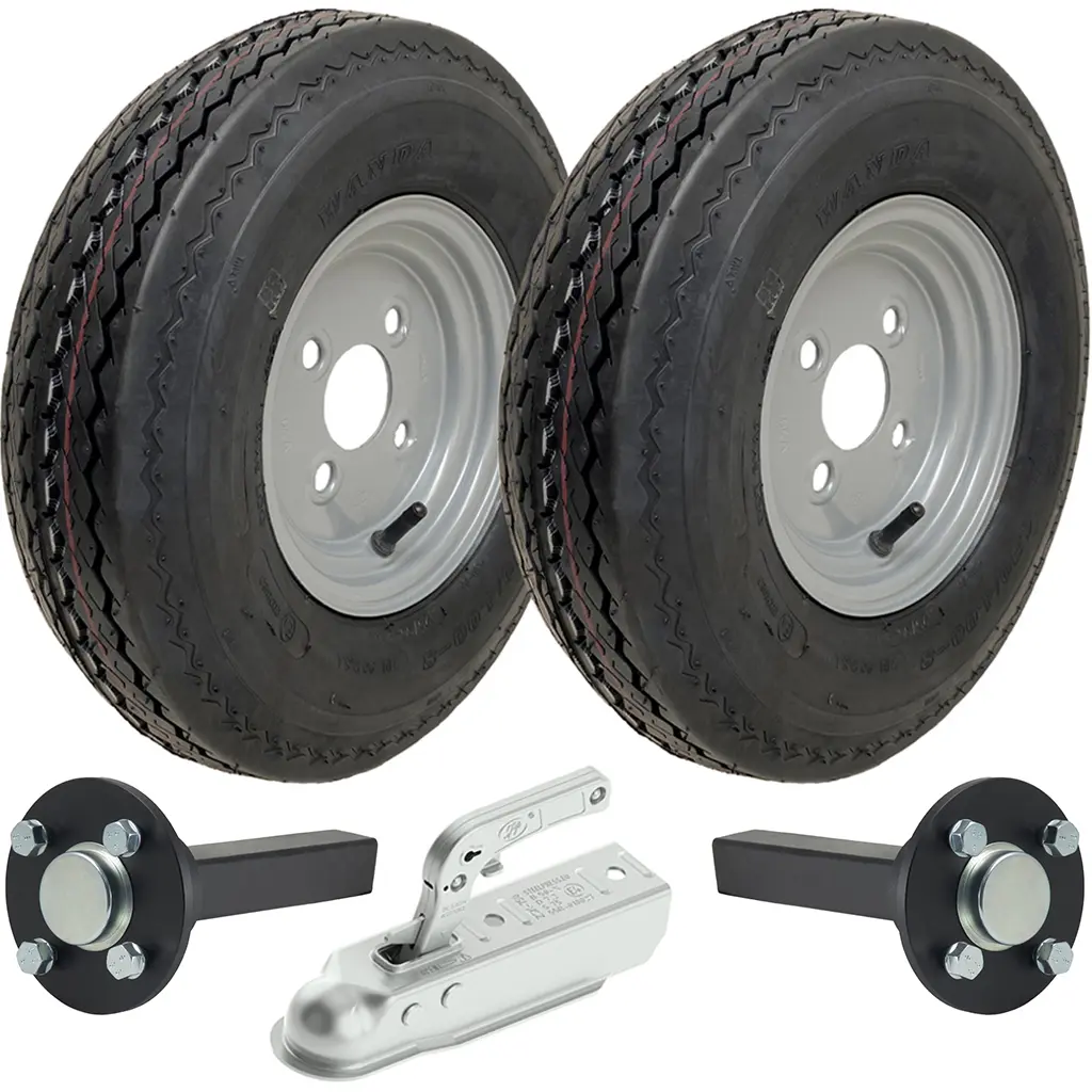 Set of 2 - 4.00-8 6ply P811 Trailer Wheel 4/100mm & Hub & Stub axle 4/100 M12 wheel bolt  35x35mm Hi speed & SPP 750kg Pressed Hitch