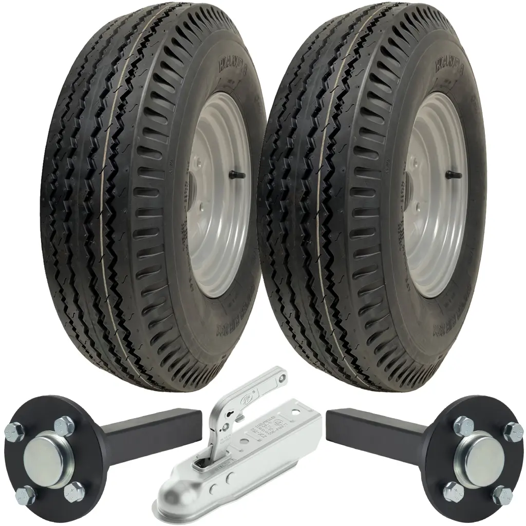 Set of 2 - 5.00-10 4ply WANDA P802 TRAILER WHEEL 4/100 & Hub & Stub axle 4/100 M12 wheel bolt  35x35mm Hi speed with SPP 750kg Pressed hitch