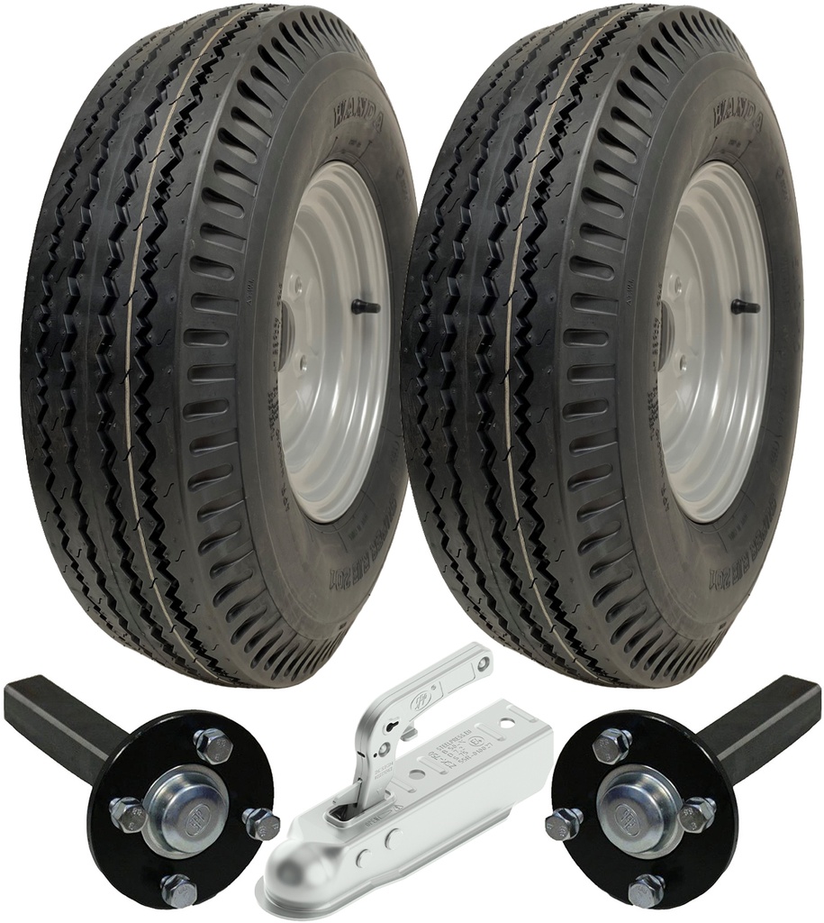 Set of 2 - 5.00-10 4ply WANDA P802 TRAILER WHEEL 4/100 & Hub & Stub axle 4/100 M12 wheel bolt  35x35mm Hi speed with SPP 750kg Pressed hitch