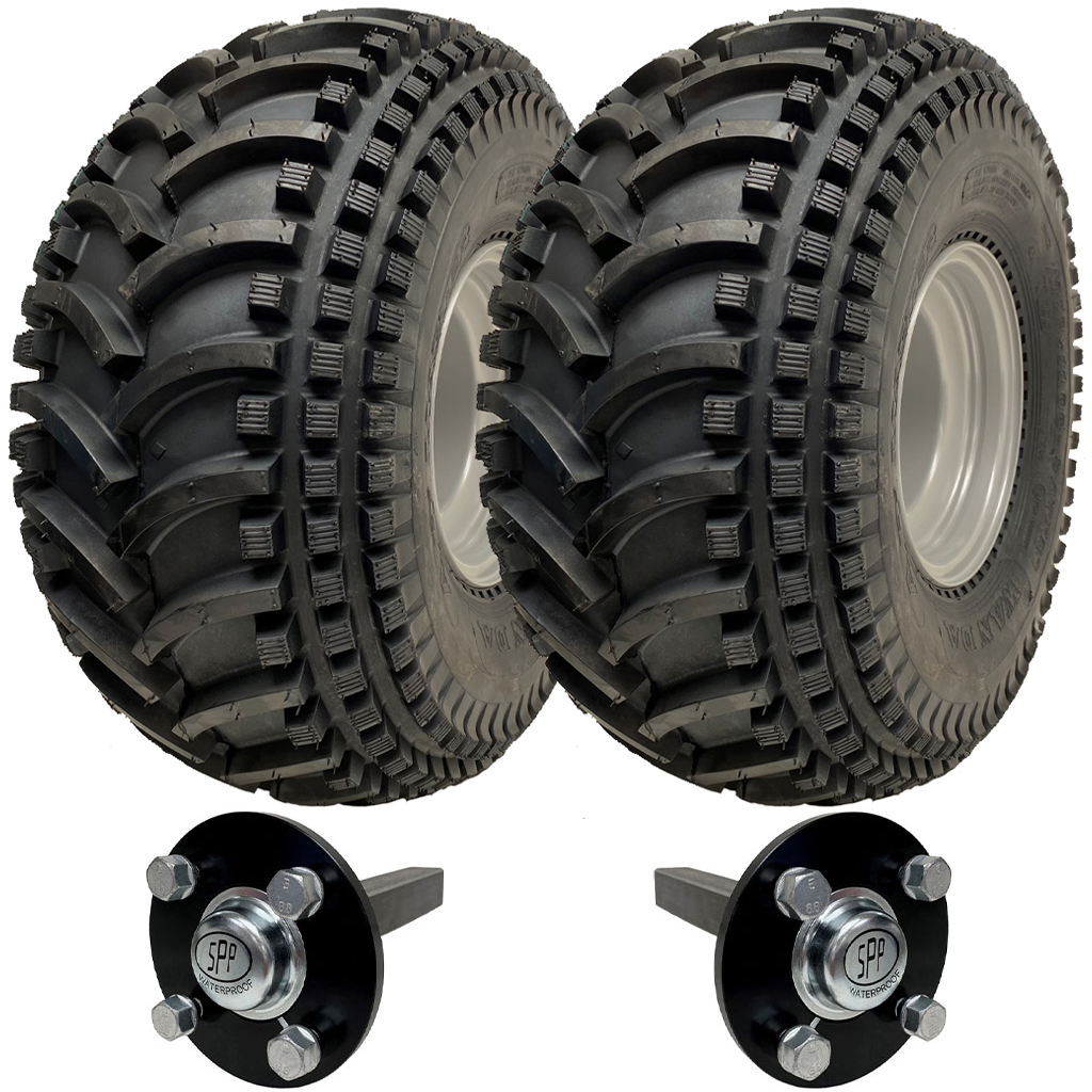 Kit of 2 - 22x11.00-8 P308 ATV tyre on 4/100mm Rim & Hub & Stub axle 4/100 M12 wheel bolt 35x35mm