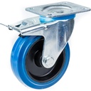 300 series 100mm swivel/brake top plate 100x80mm castor with blue elastic rubber on nylon centre roller bearing wheel 150kg