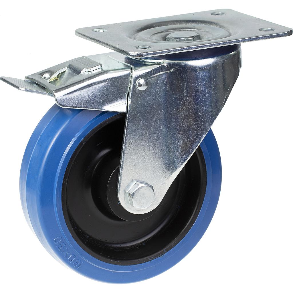 300 series 160mm swivel/brake top plate 140x110mm castor with blue elastic rubber on nylon centre ball bearing wheel 350kg