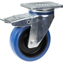 800 series 160mm swivel/brake top plate 135x110mm castor with blue elastic rubber on nylon centre ball bearing wheel 350kg