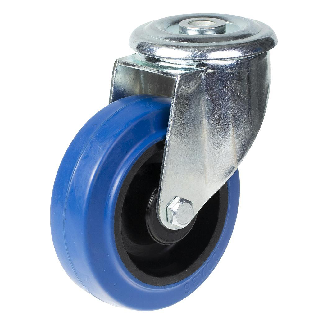 300 series 100mm swivel bolt hole 10,5mm castor with blue elastic rubber on nylon centre roller bearing wheel 150kg