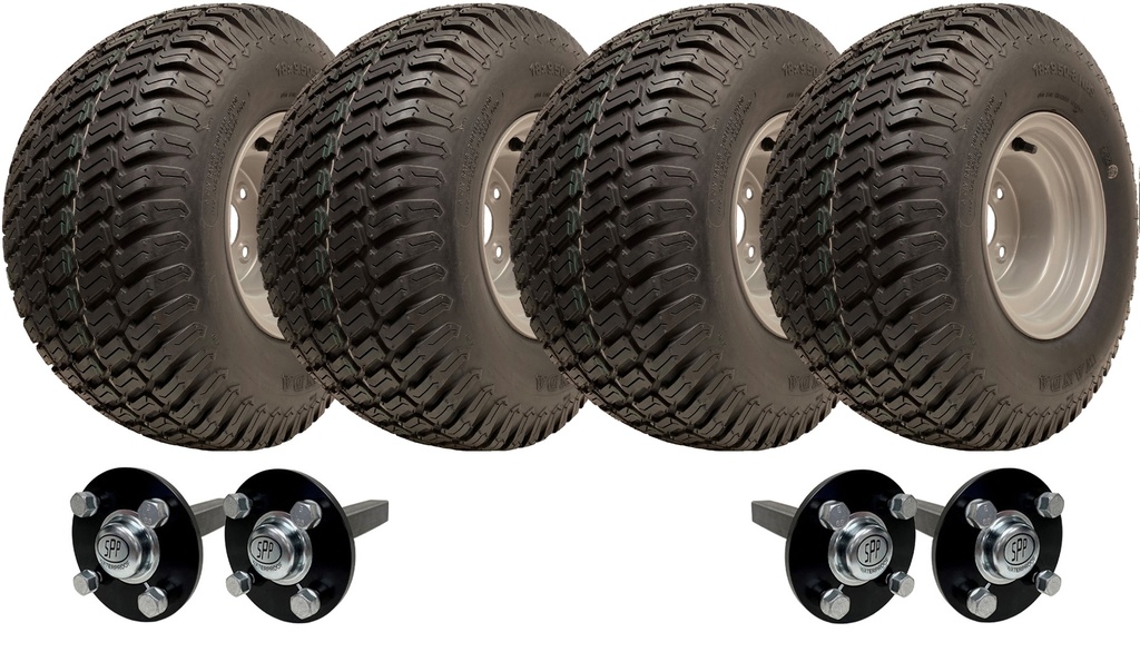 Set of 4 - 18x9.50-8 6ply Wanda P332 grass tyre on 4/100mm RIM & Hub & Stub axle 4/100 M12 wheel bolt  35x35mm