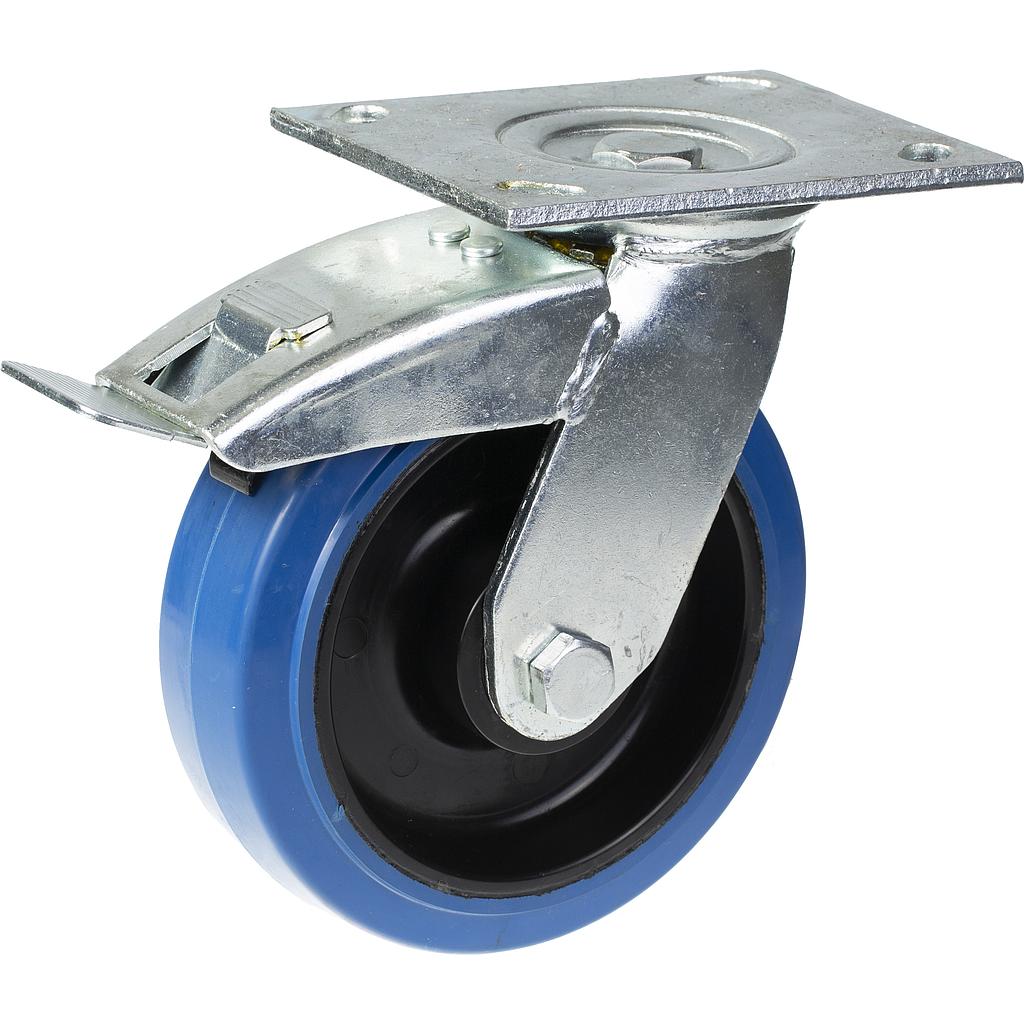 500 series 125mm swivel/brake top plate 140x110mm castor with blue elastic rubber on nylon centre ball bearing wheel 250kg