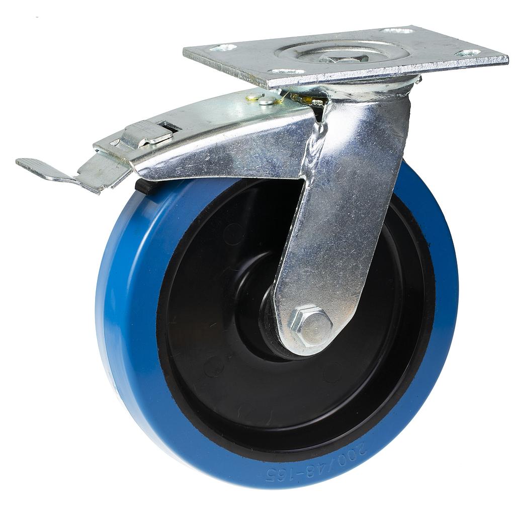 500 series 200mm swivel/brake top plate 140x110mm castor with blue elastic rubber on nylon centre ball bearing wheel 400kg