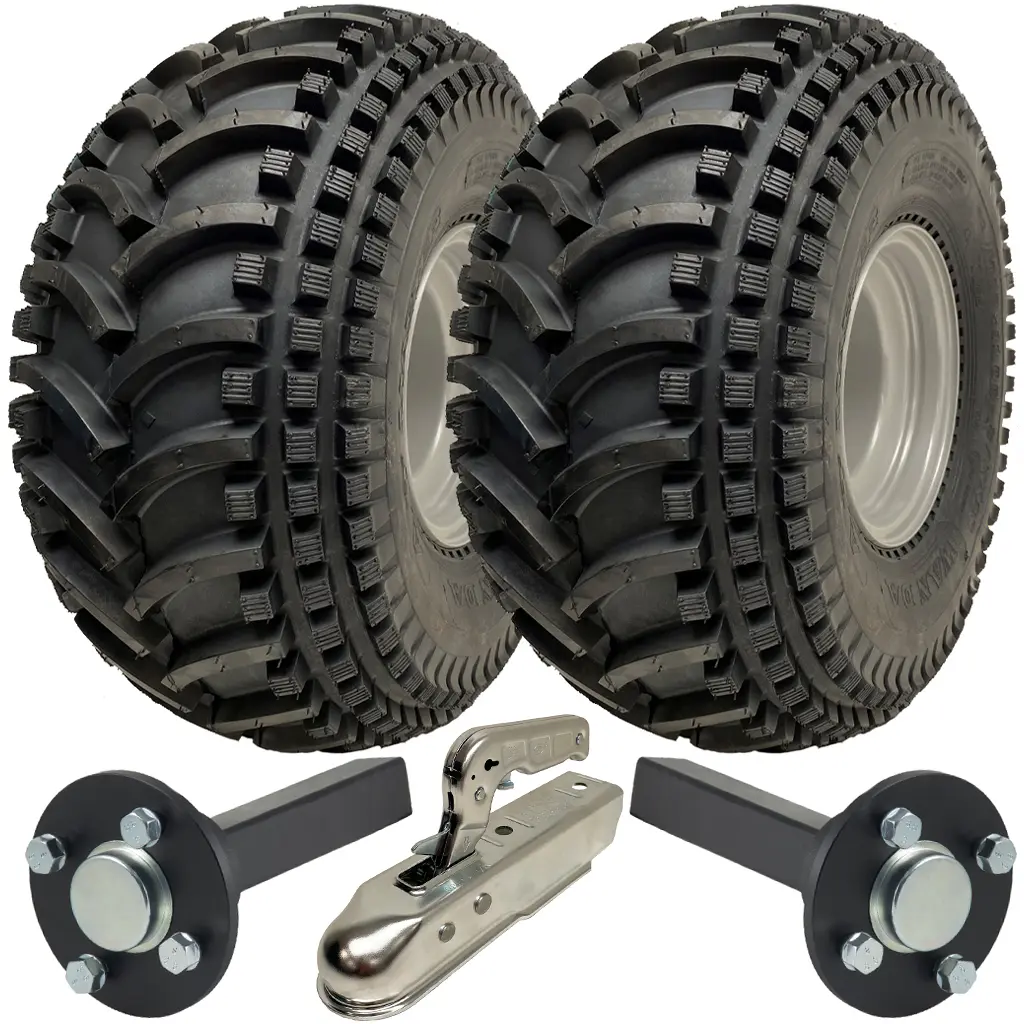 Kit of 2 - 22x11.00-8 P308 ATV tyre on 4/100mm Rim & Hub & Stub axle 4/100 M12 wheel bolt 35x35mm hub & stub & 750kg Pressed hitch