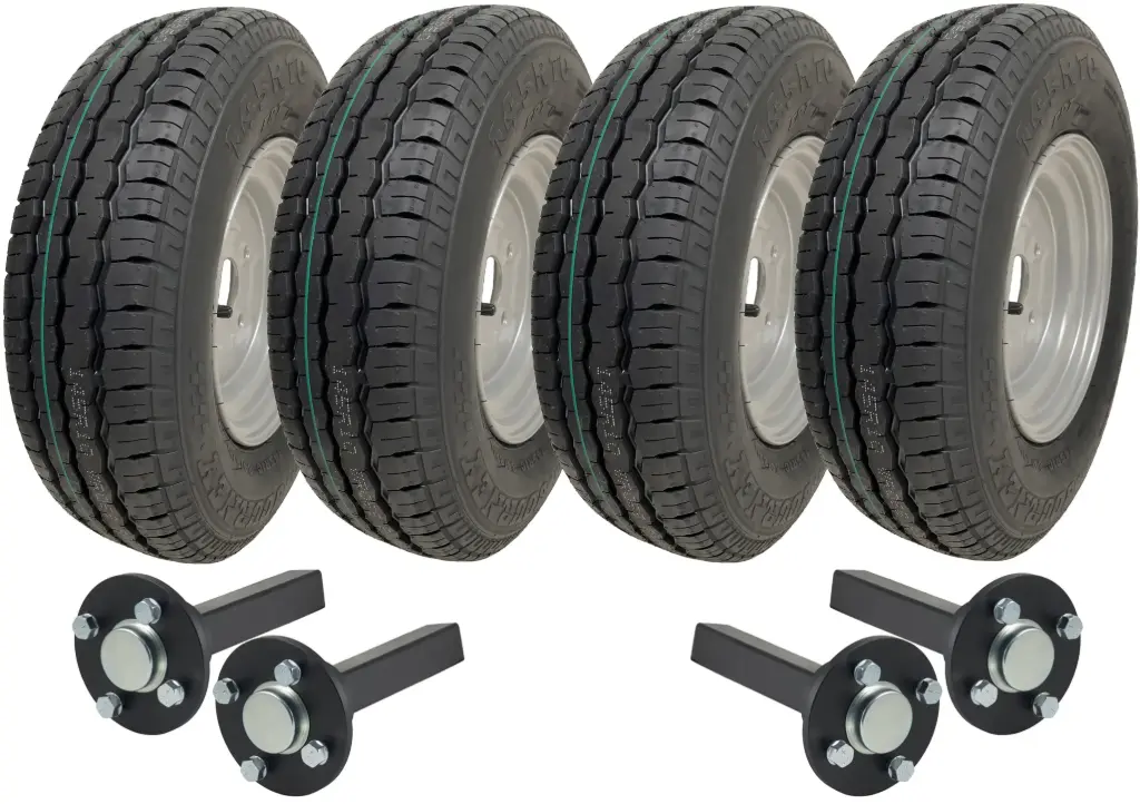 Set of 4 - 145x10 Wanda WR068 TRAILER WHEEL 4/100mm & Hub & Stub axle 4/100 M12 wheel bolt  35x35mm Hi speed