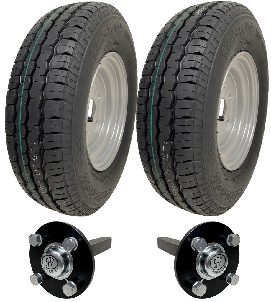 Set of 2 - 145x10 Wanda WR068 TRAILER WHEEL 4/100mm & Hub & Stub axle 4/100 M12 wheel bolt  35x35mm Hi speed