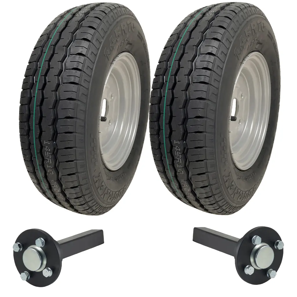 Set of 2 - 145x10 Wanda WR068 TRAILER WHEEL 4/100mm & Hub & Stub axle 4/100 M12 wheel bolt  35x35mm Hi speed