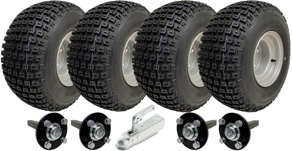 Set of 4 - 18x9.50-8 4ply P322 KNOBBY WHEEL 4/100 & Hub & Stub axle 4/100 M12 wheel bolt  35x35mm & SPP 750kg Pressed hitch