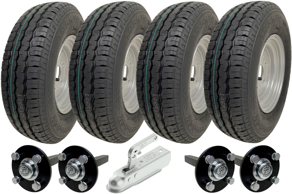 Set of 4 - 145x10 Wanda WR068 TRAILER WHEEL 4/100mm & Hub & Stub axle 4/100 M12 wheel bolt 35x35mm Hi speed & 750kg Pressed hitch
