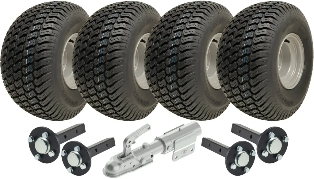 Set of 4 - 20x10.00-8 4ply P332 GRASS on 4/100 & Hub & Stub axle 4/100 M12stud  40x40 High speed (waterproof) & SPP Swivel hitch 1700kg (off-road use)