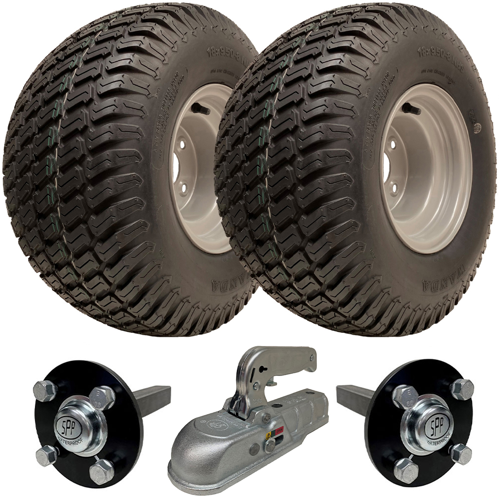 Set of 2 - 18x9.50-8 6ply Wanda P332 grass tyre on 4/100mm RIM & Hub & Stub axle 4/100 M12 wheel bolt 35x35mm Hi speed & SPP 2500kg cast coupling 25 KPH Max