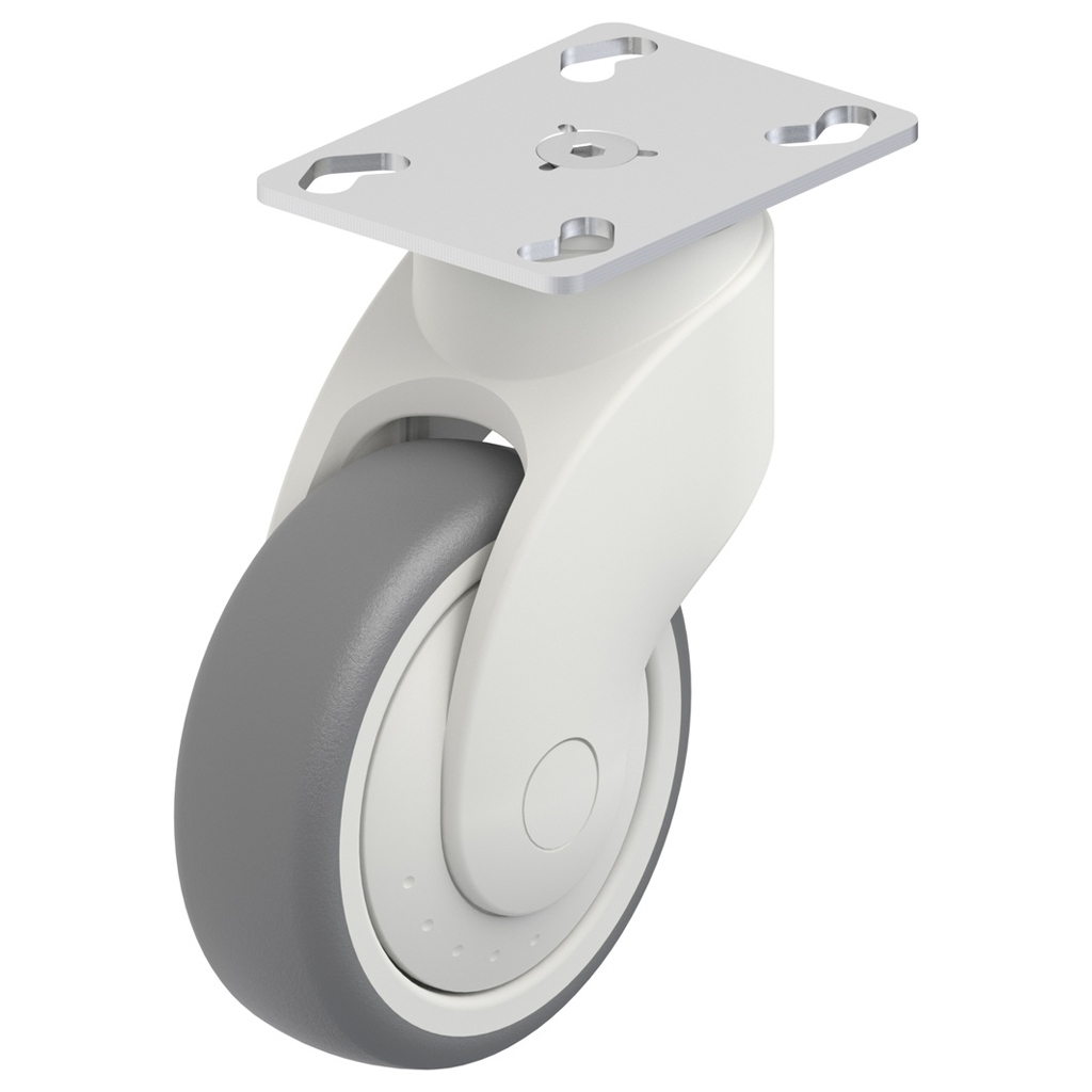 LWK-TPA 101K-FK-P25 Plastic castor 100mm swivel top plate 90x66mm castor with grey thermoplastic rubber on polypropylene centre single ball bearing wheel 100kg.