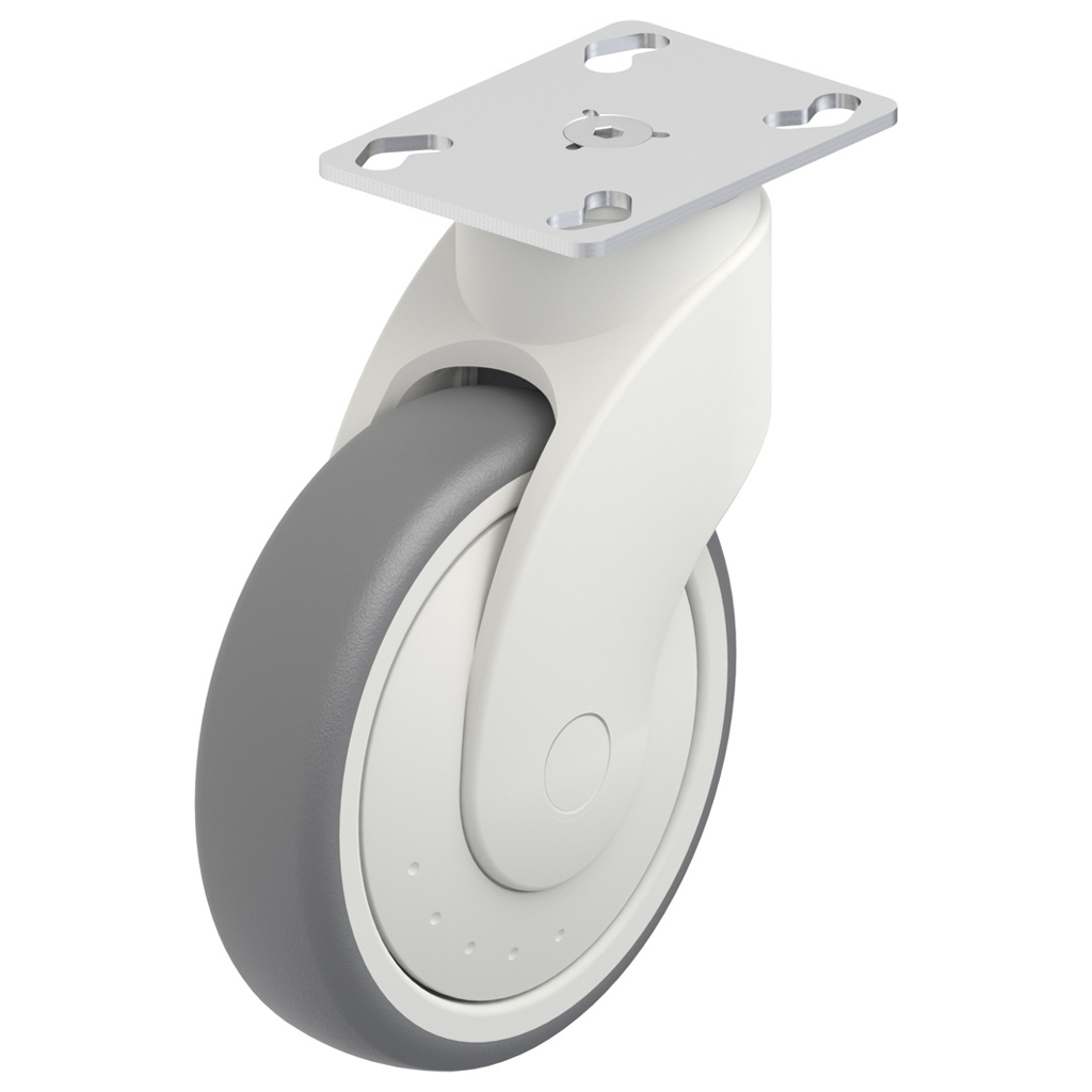 LWK-TPA 126K-FK-P25, Plastic castor 125mm swivel top plate 90x66mm castor with grey thermoplastic rubber on polypropylene centre single ball bearing wheel 110kg.