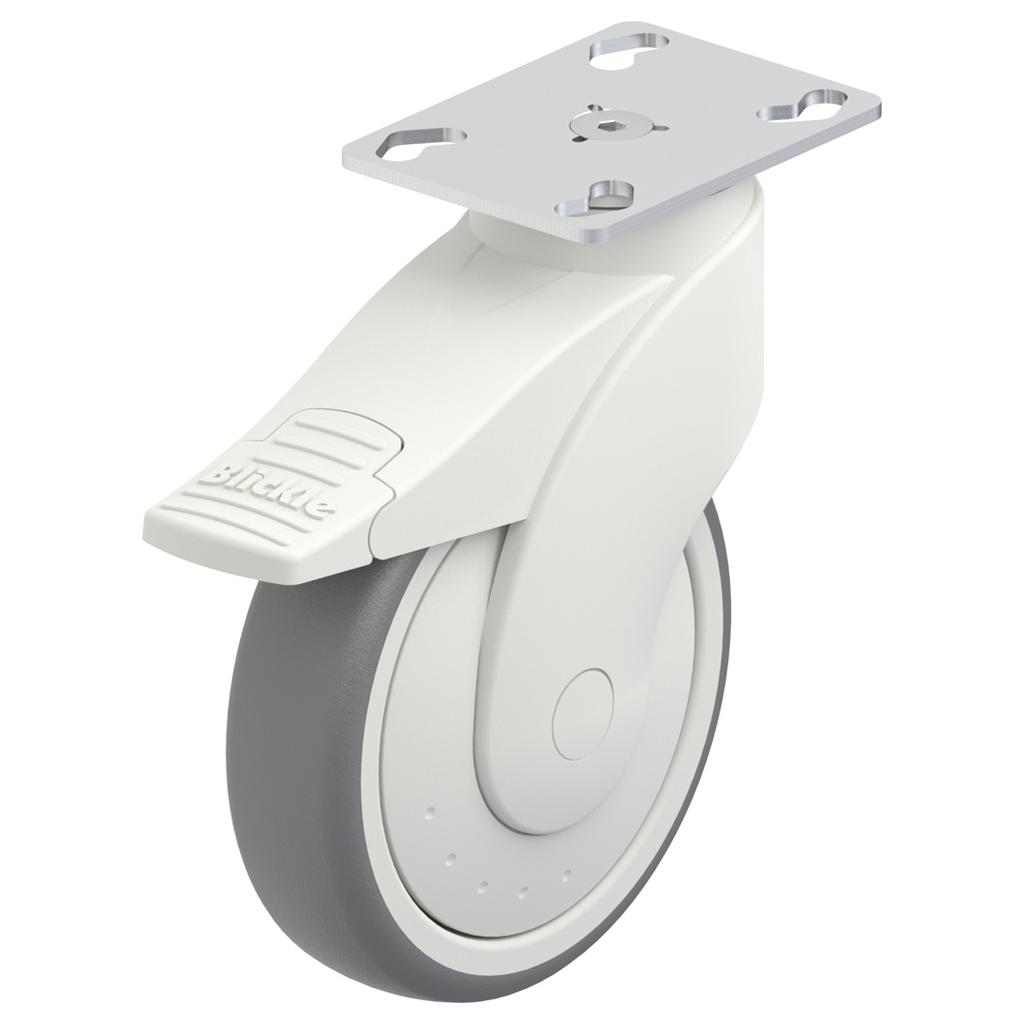 LWK-TPA 126K-FI-FK-P25, Plastic castor 125mm swivel/brake top plate 90x66mm castor with grey thermoplastic rubber on polypropylene centre single ball bearing wheel 110kg.