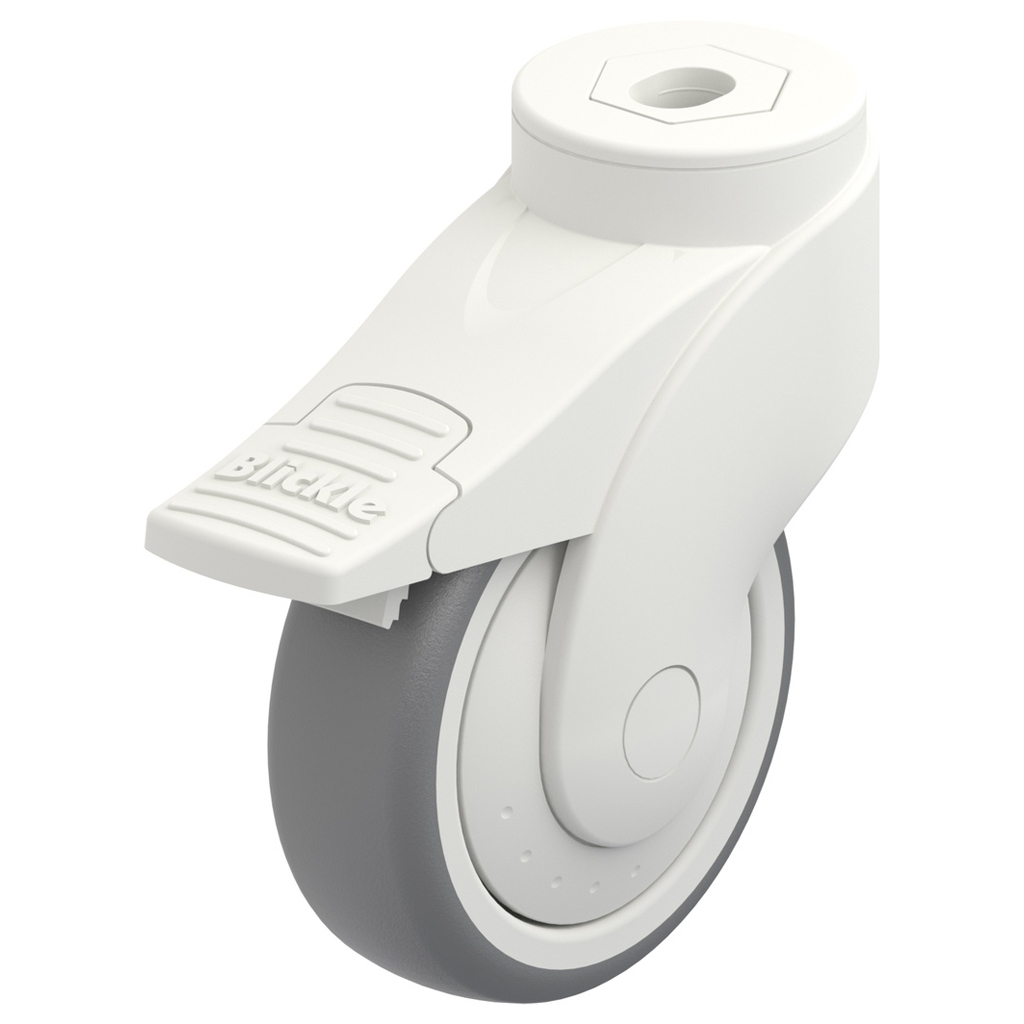 LWK-TPA 101KF-FI Wave series castor 100mm swivel/brake bolt hole 13mm castor with grey thermoplastic rubber on polypropylene centre single ball bearing wheel 100kg.