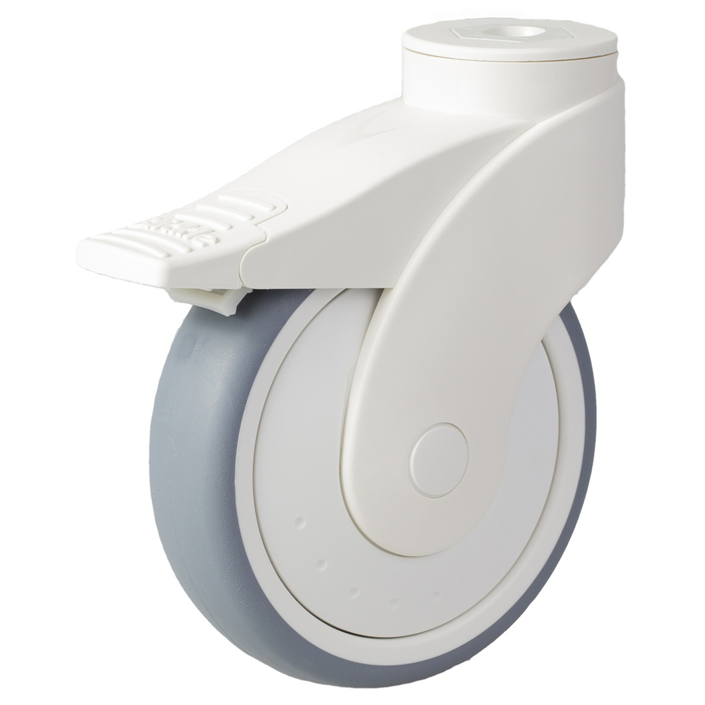 LWK-TPA 126KF-FI Wave series castor 125mm swivel/brake bolt hole 13mm castor with grey thermoplastic rubber on polypropylene centre single ball bearing wheel 110kg