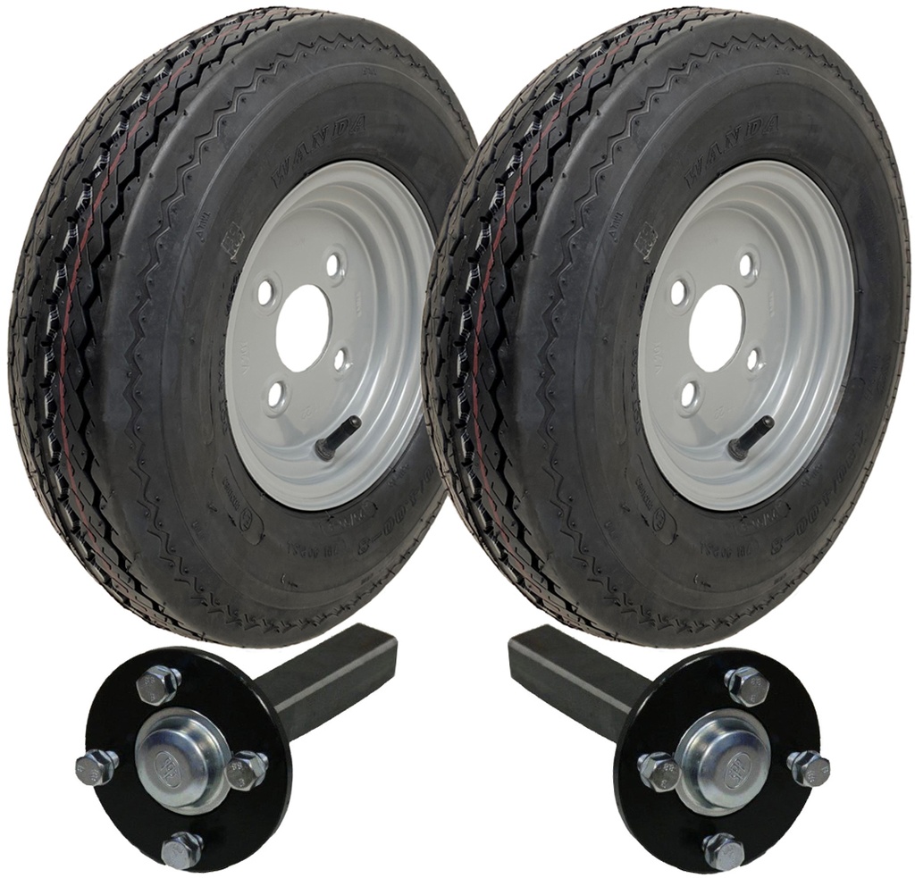 Set of 2 - 4.00-8 6ply P811 Trailer Wheel 4/100mm & Hub & Stub axle 4/100 M12 wheel bolt  35x35mm Hi speed