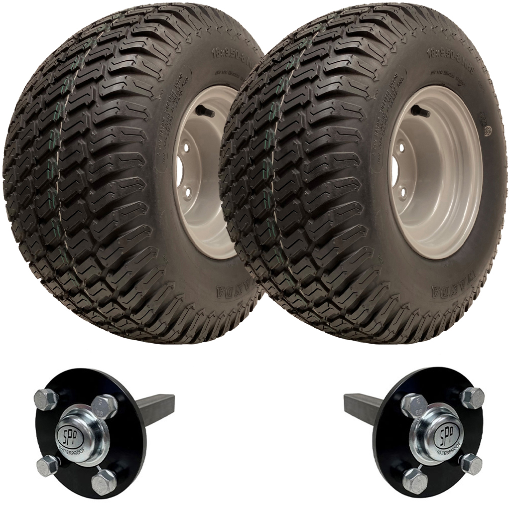 Set of two - 18x9.50-8 6ply Wanda P332 grass tyre on 4/100mm RIM & Hub & Stub axle 4/100 M12 wheel bolt  35x35mm Hi speed