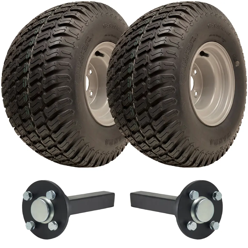 Set of two - 18x9.50-8 6ply Wanda P332 grass tyre on 4/100mm RIM & Hub & Stub axle 4/100 M12 wheel bolt  35x35mm Hi speed